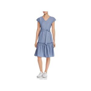 DESIGN HISTORY Womens Blue Belted Chambray Cap Sleeve Fit + Flare Dress S